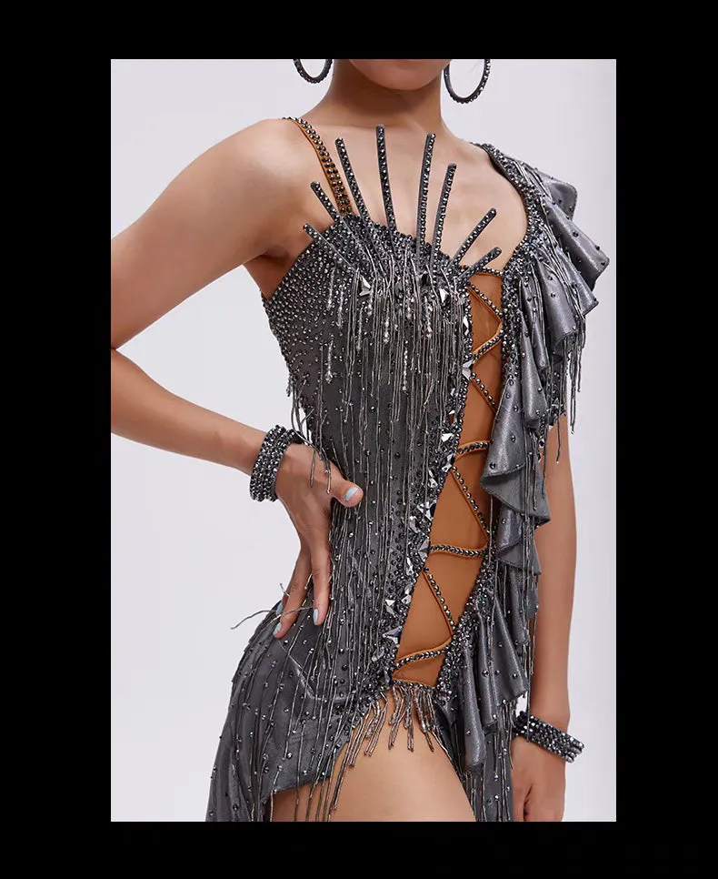 YUN.L038FDD Metallic Silver Fringe Dance Dress with Cutout Details