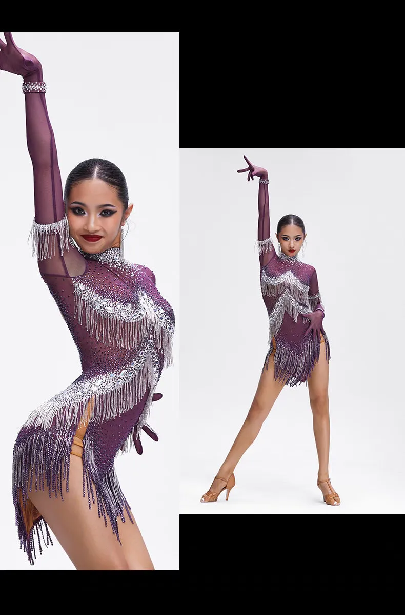 YUN.L041FDD Purple & Silver Long Sleeve Fringe Latin Dance Dress