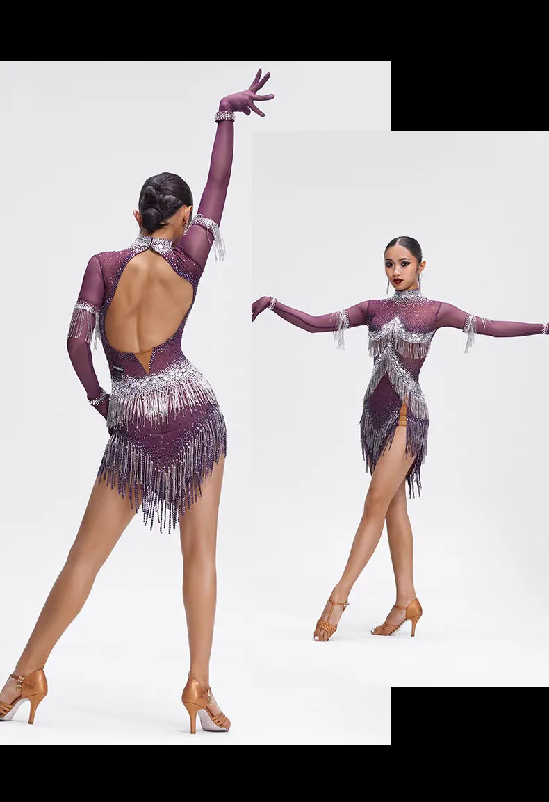 YUN.L041FDD Purple & Silver Long Sleeve Fringe Latin Dance Dress