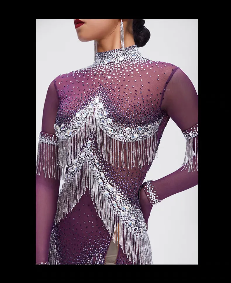 YUN.L041FDD Purple & Silver Long Sleeve Fringe Latin Dance Dress