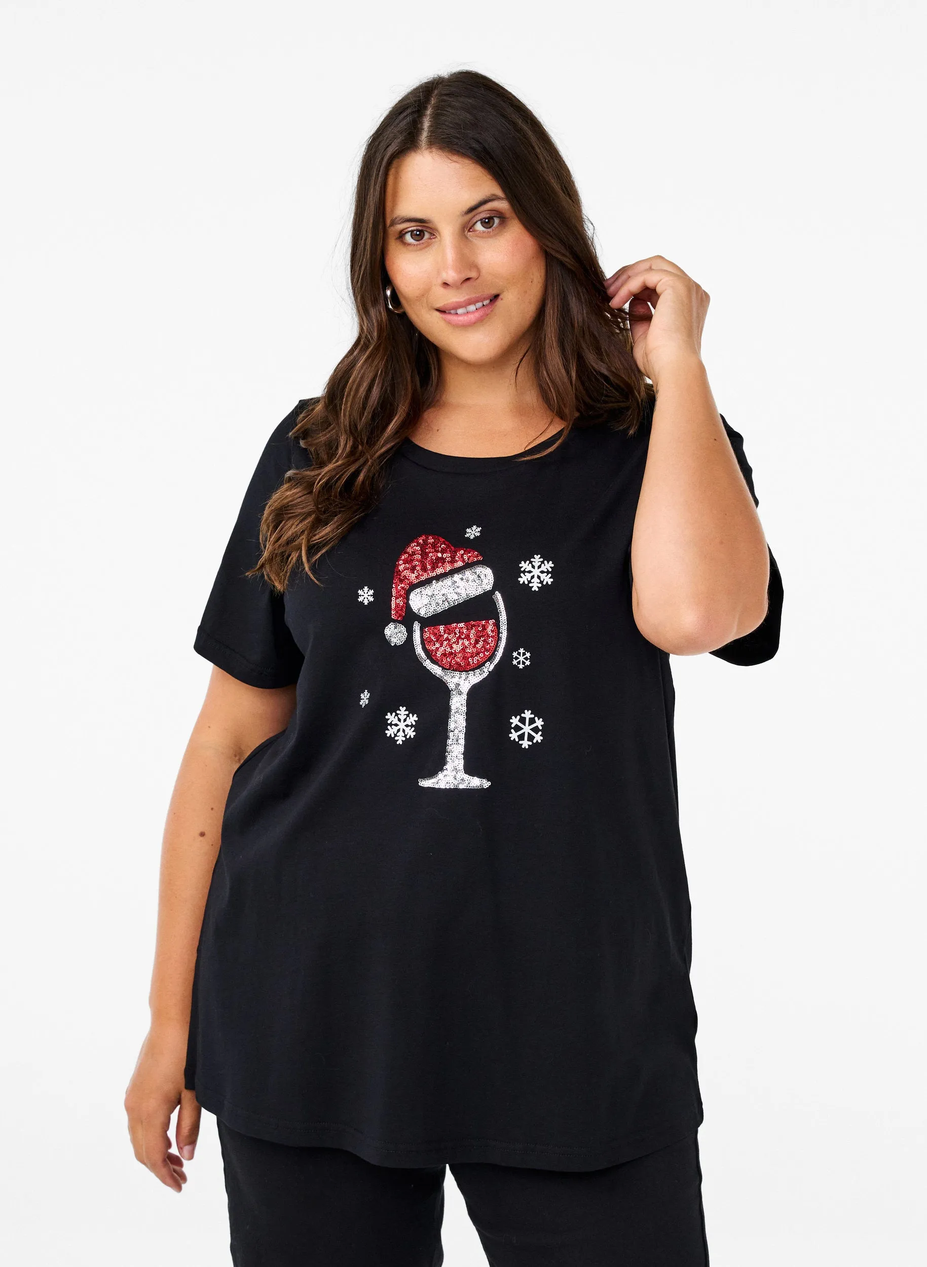 Zizzi Christmas Wine T-Shirt in Black