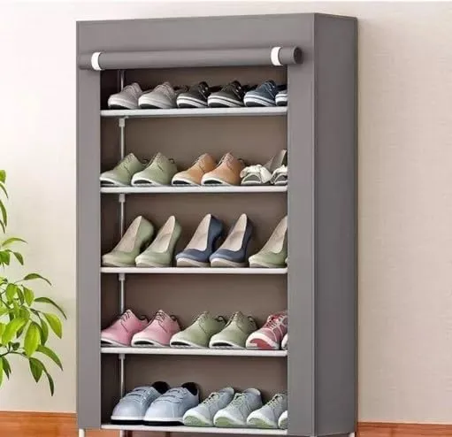 Zoya handloom LIZA PLASTIC PIPE 5 LAYER SHOE RACK COVER,' GREY